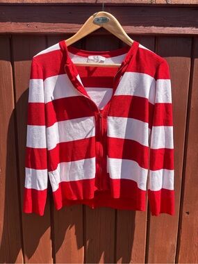 cleo Red and White Striped Zip-Front Women's Cardigan
